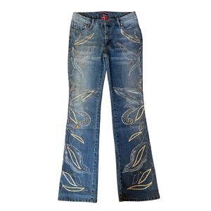 Destiny Embroidered Blue Flare Jeans Size 3/4 Y2K Festival Western Stretch